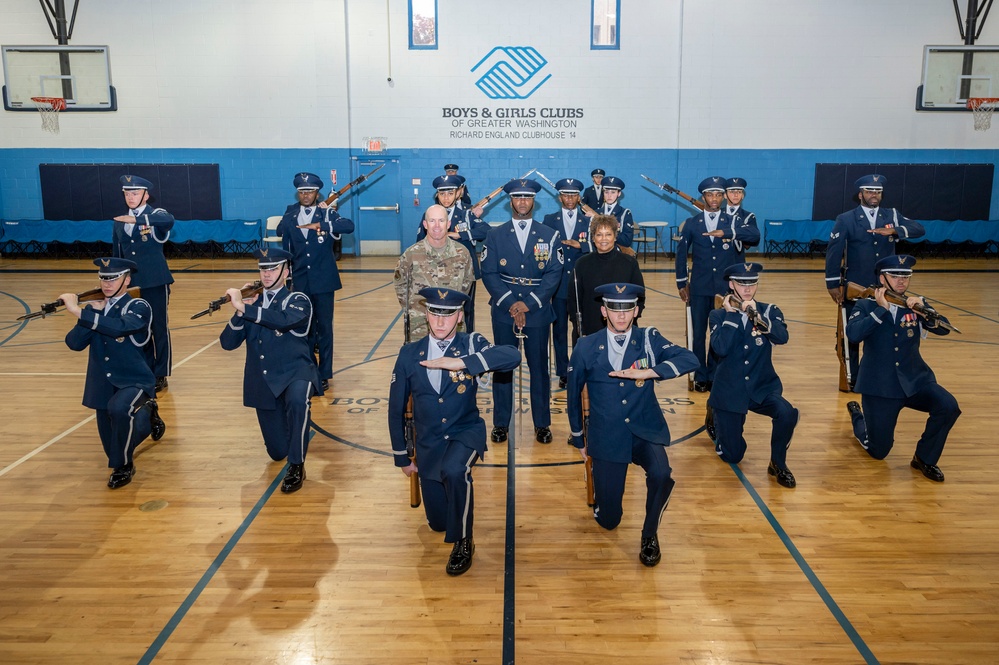 US Air Force Honor Guard Drill Team performs for local children