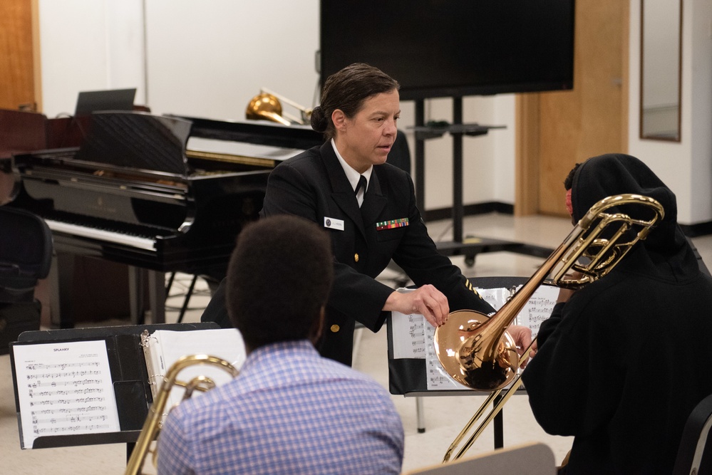 Members of the U.S Navy Band Commodores present clinic at Huston–Tillotson University.