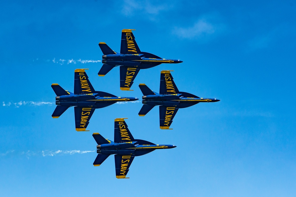 The Blue Angels perform over Pensacola Beach, Florida.