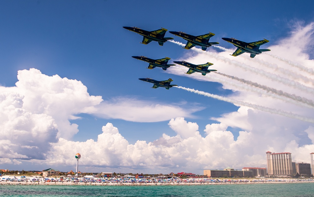 The Blue Angels perform over Pensacola Beach, Florida.