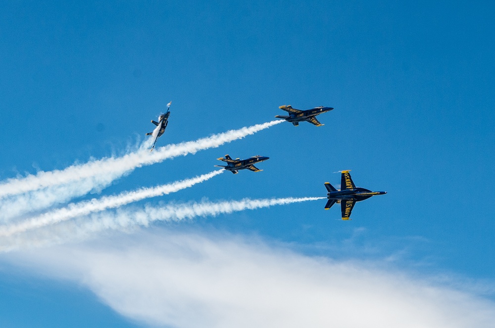 The Blue Angels perform over Pensacola Beach, Florida.