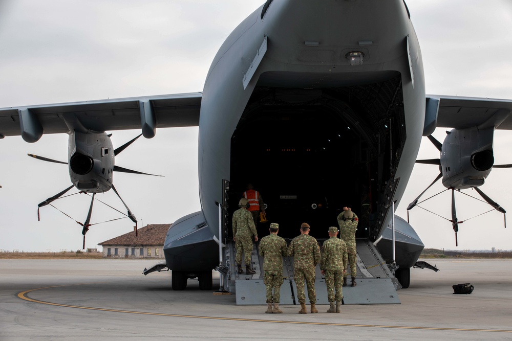 Romanian HIMARS team increase capability with Royal Air Force A400M loading during exercise ATREUS
