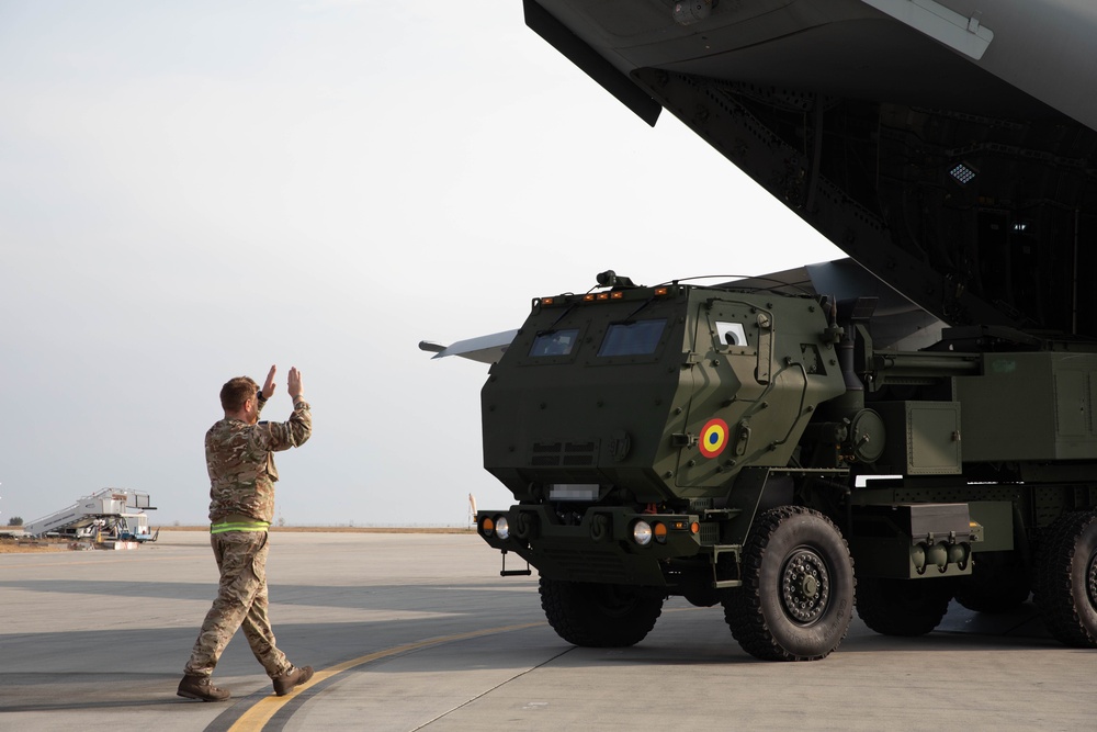 Romanian HIMARS team increase capability with Royal Air Force A400M loading during exercise ATREUS