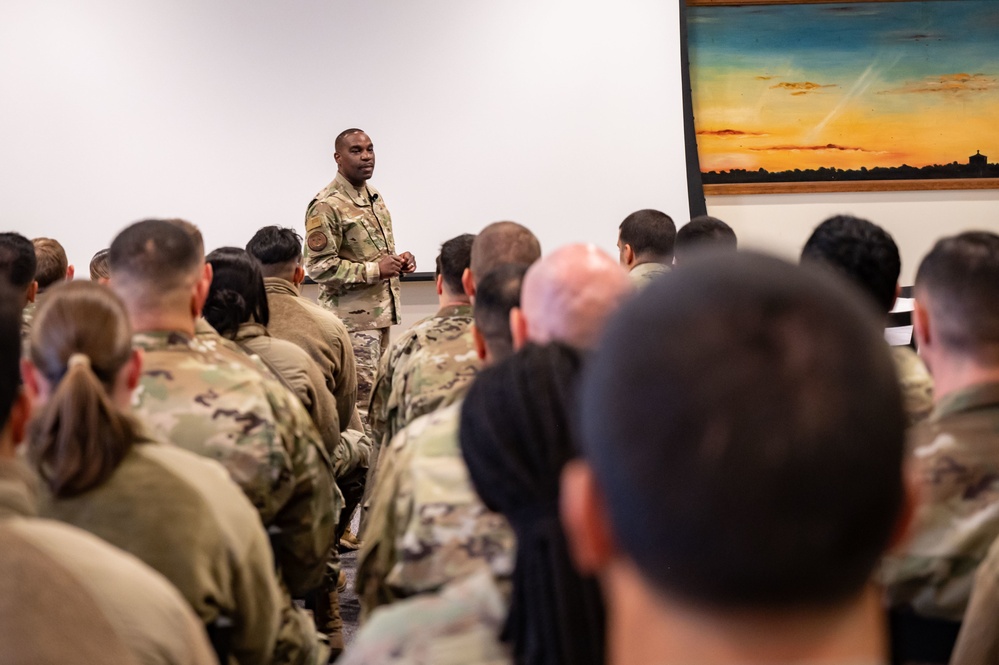 U.S. Air Force Chief Master Sergeant Maurice Williams, command chief, Air National Guard (ANG), speaks to enlisted members of the Connecticut Air National Guard