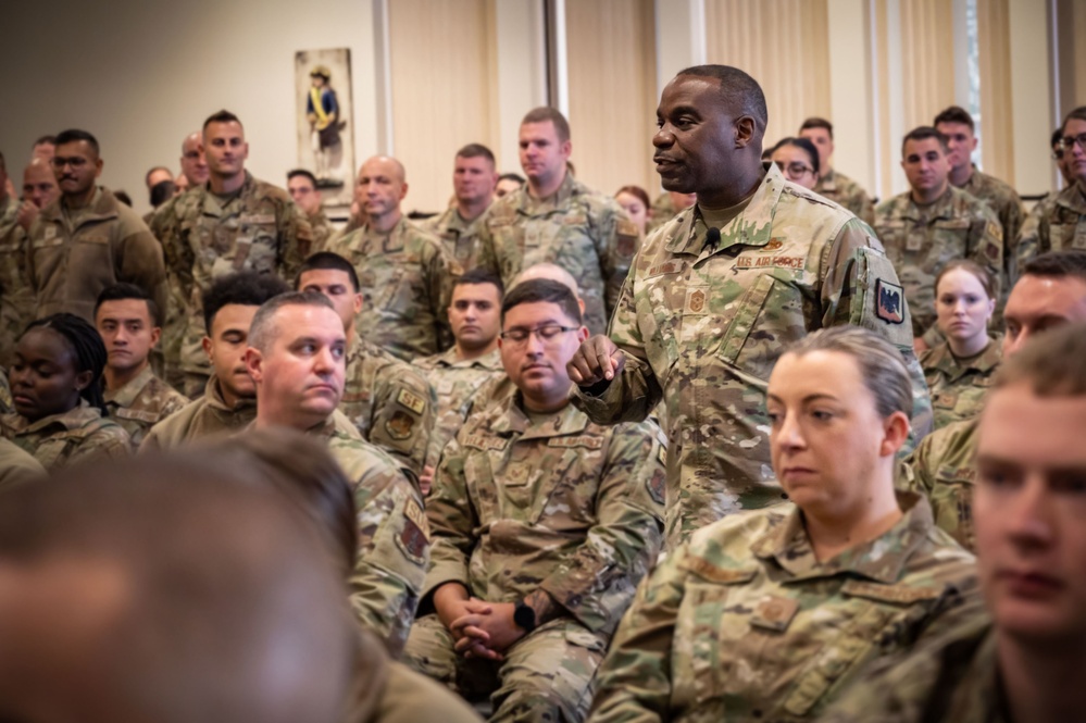 U.S. Air Force Chief Master Sergeant Maurice Williams, command chief, Air National Guard (ANG), speaks to enlisted members of the Connecticut Air National Guard