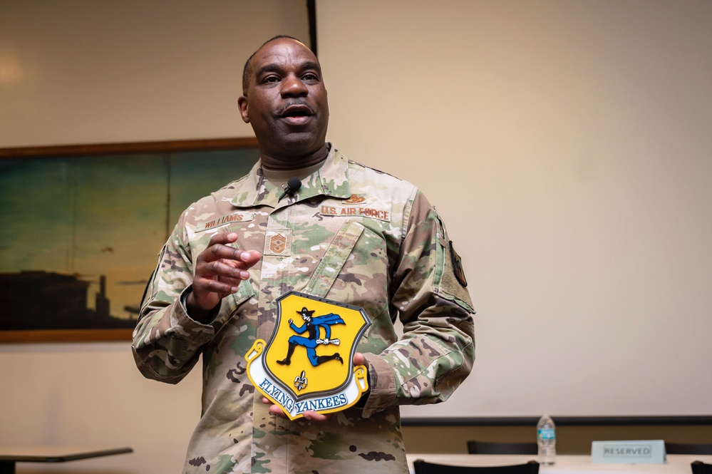 U.S. Air Force Chief Master Sergeant Maurice Williams, command chief, Air National Guard (ANG), speaks to enlisted members of the Connecticut Air National Guard