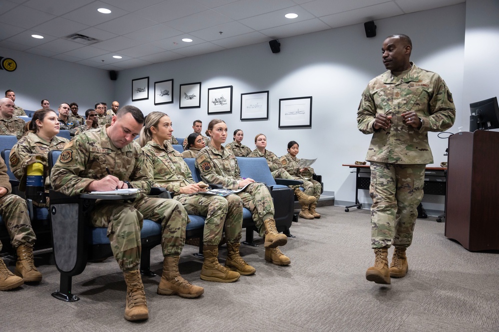 U.S. Air Force Chief Master Sergeant Maurice Williams, command chief, Air National Guard (ANG), speaks to enlisted members of the Connecticut Air National Guard