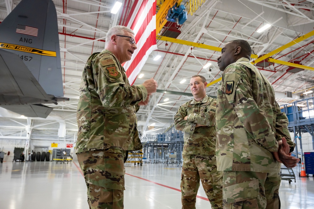 U.S. Air Force Chief Master Sergeant Maurice Williams, command chief, Air National Guard (ANG), speaks to enlisted members of the Connecticut Air National Guard