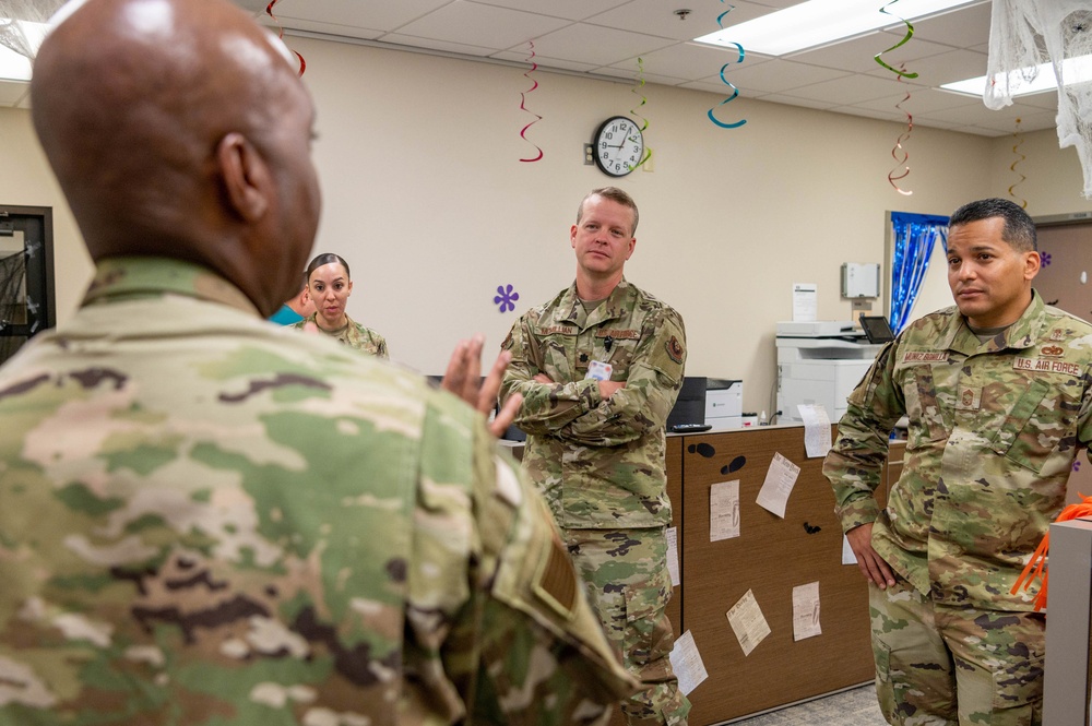 Chief Master Sgt. Tyrone McDougald and Senior Master Sgt. Yue Yan Huang visit the 1st Special Operations Medical Group