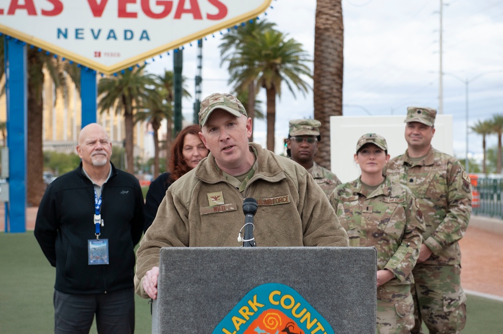 Welcome to Las Vegas sign turns Air Force Blue for 75th Anniversary