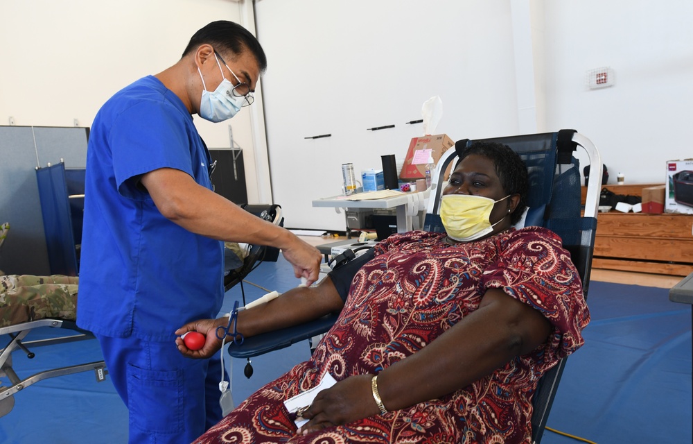 Los Angeles Air Force Base personnel participate in a blood drive in coordination with local non-profit hospital
