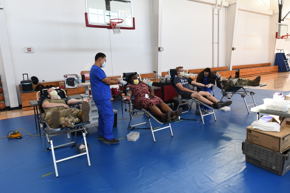 Los Angeles Air Force Base personnel participate in a blood drive in coordination with local non-profit hospital