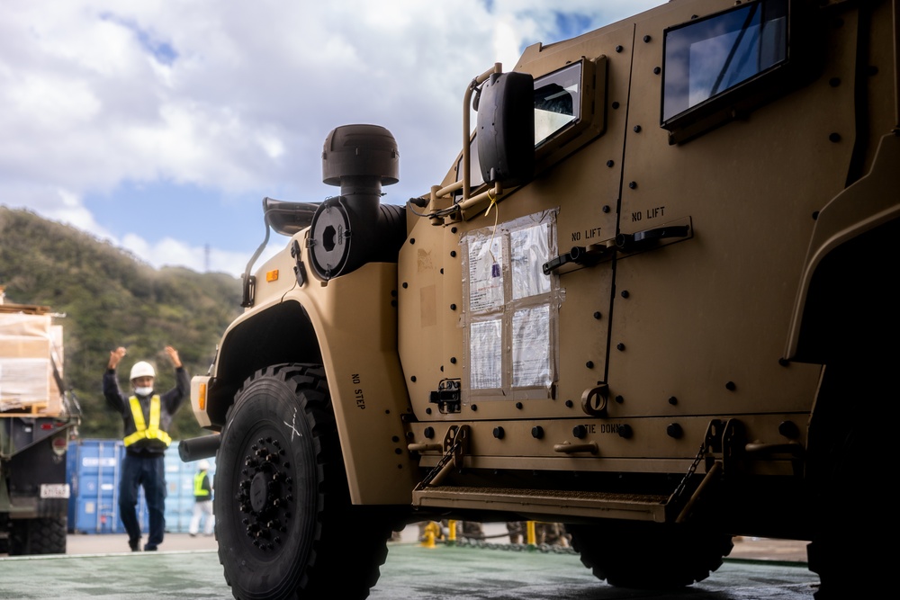 Keen Sword 23: U.S. Marines and JGSDF Soldiers offload gear on Amami
