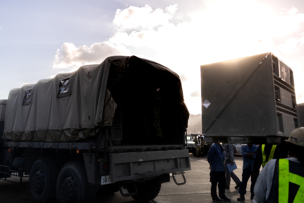 Keen Sword 23: U.S. Marines and JGSDF Soldiers offload gear on Amami