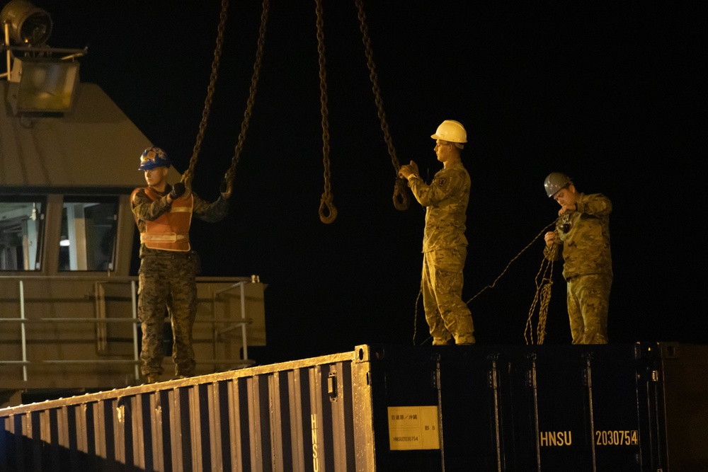 Keen Sword: U.S. Marines offload U.S. Army landing craft utility alongside Japan Ground Self-Defense Force Personnel