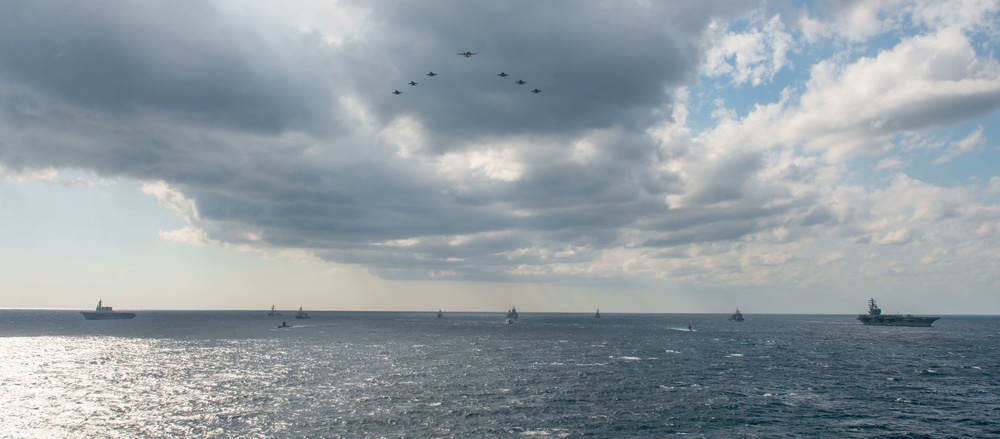 USS Ronald Reagan (CVN 76) steams in formation with allies during Malabar 2022