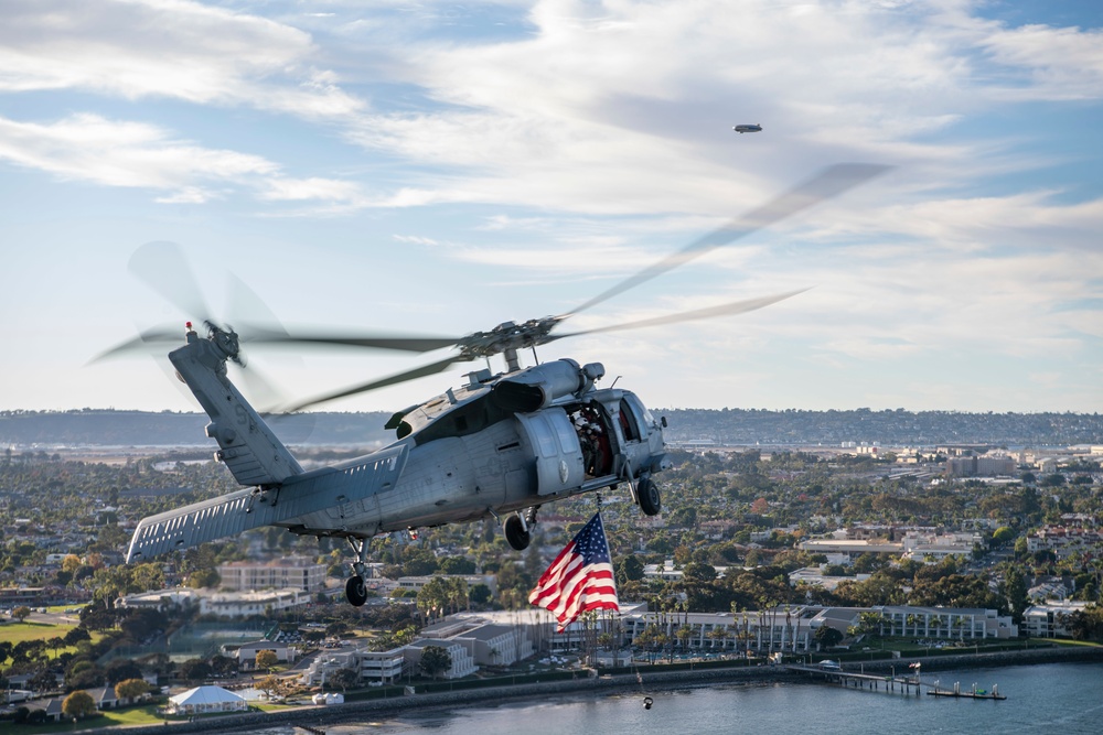 HSC-3 &quot;Merlins&quot; Flyover USS Abraham Abraham Lincoln (CVN 72) During Armed Forces Classic, Carrier Edition 2022