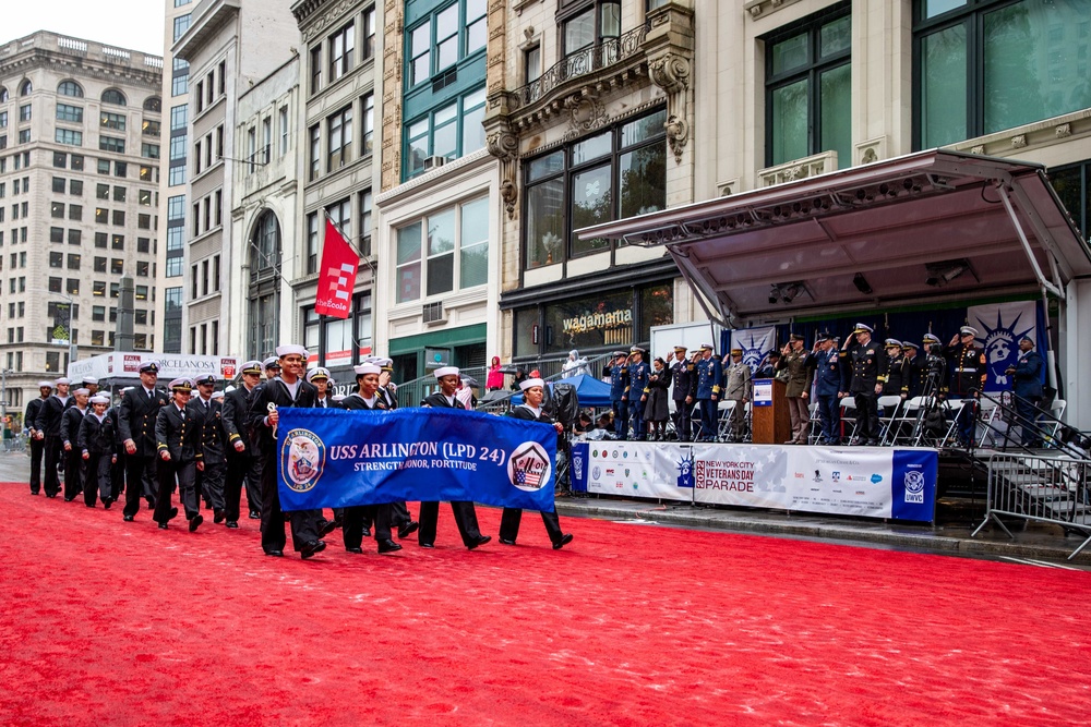 USS Arlington Sailors; II MEF Marines participate in New York City Veterans Day Parade