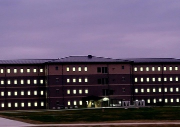 New barracks at night at Fort McCoy