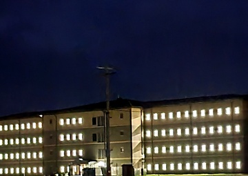 New barracks at night at Fort McCoy