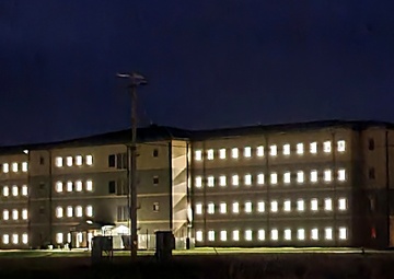 New barracks at night at Fort McCoy