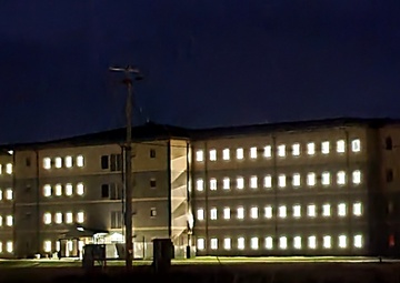 New barracks at night at Fort McCoy