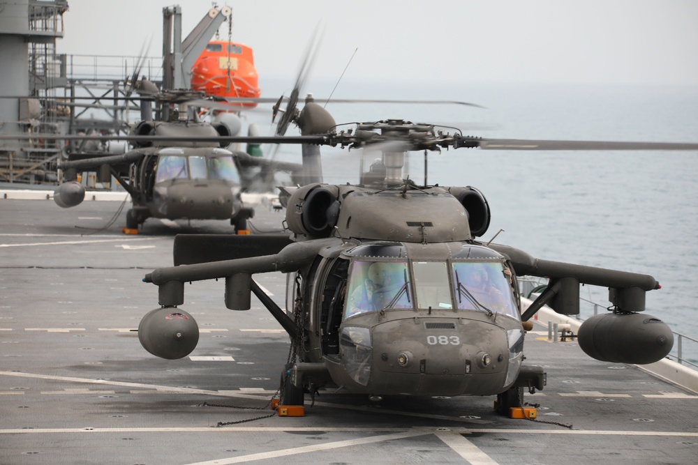 Task Force Mustang UH-60 Blackhawk and AH-64 Apache Flight Crews, land on the USS Lewis B. Puller