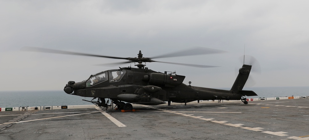 Task Force Mustang UH-60 Black Hawk and AH-64 Apache Flight Crews, land on the USS Lewis B. Puller