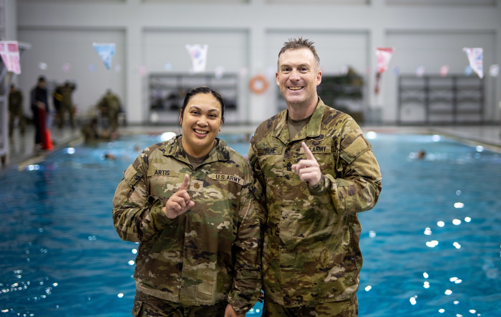 Soldiers try out water survival training at the Vandal Training Center