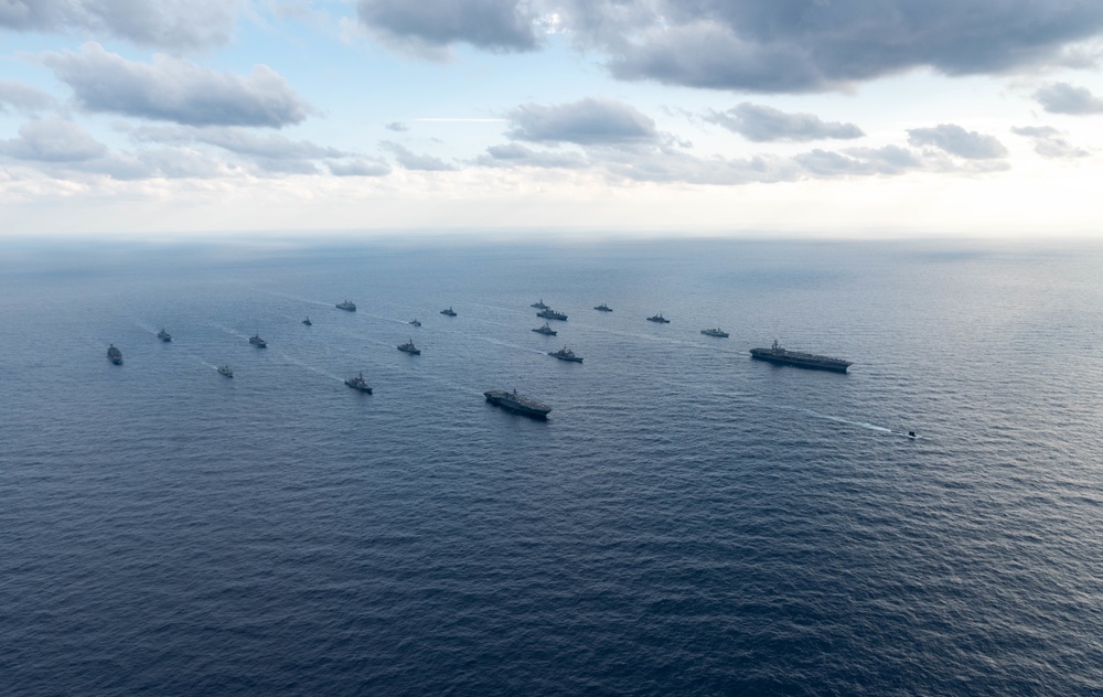 USS Ronald Reagan (CVN 76) conducts a multinational Photo Exercise during Keen Sword 23