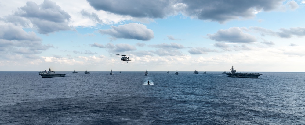 USS Ronald Reagan (CVN 76) conducts a multinational Photo Exercise during Keen Sword 23