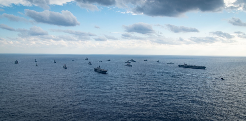 USS Ronald Reagan (CVN 76) conducts a multinational Photo Exercise during Keen Sword 23