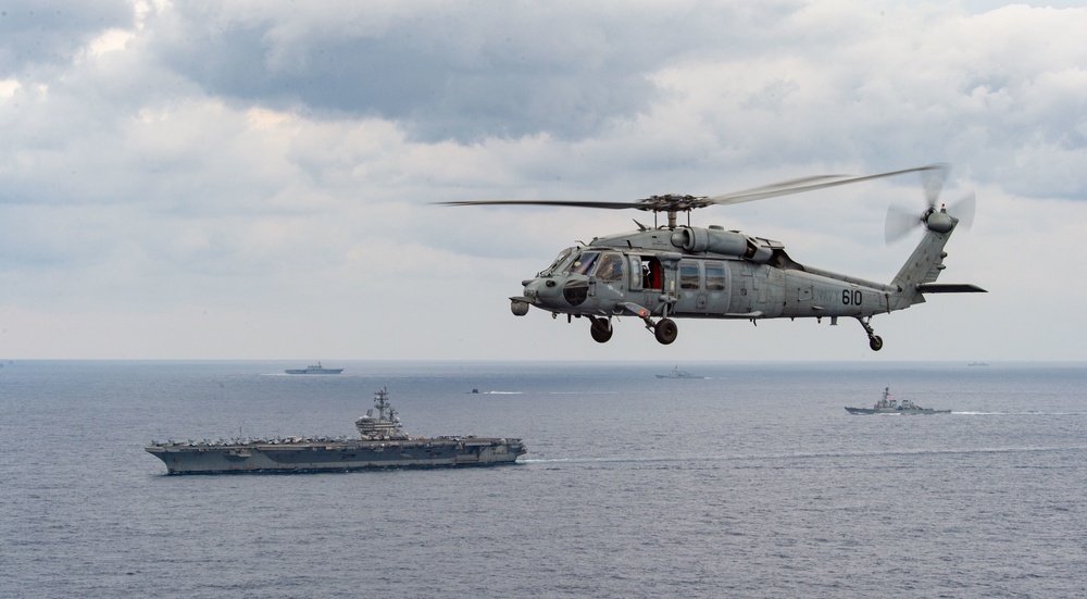 USS Ronald Reagan (CVN 76) conducts a multinational Photo Exercise during Keen Sword 23