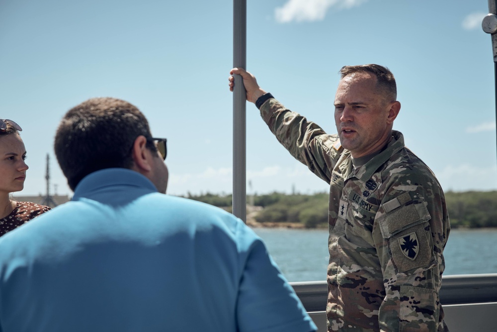 The 8th Theater Sustainment Command’s Commanding General, Maj. Gen. Jered P. Helwig, hosts Congressional Staff Delegates on a visit aboard LSV4