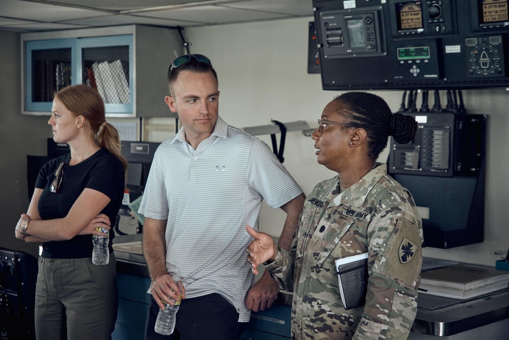 The 8th Theater Sustainment Command’s Commanding General, Maj. Gen. Jered P. Helwig, hosts Congressional Staff Delegates on a visit aboard LSV4