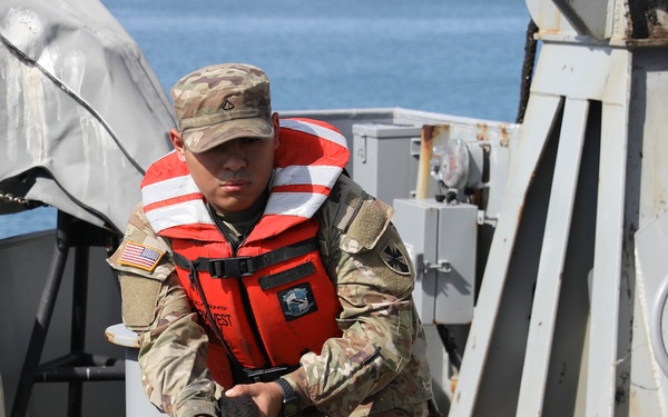 Soldiers with the 8th Special Troops Battalion prepare for upcoming exercise Project Convergence 2022 on Logistical Support Vessel General Brehon B. Somervell