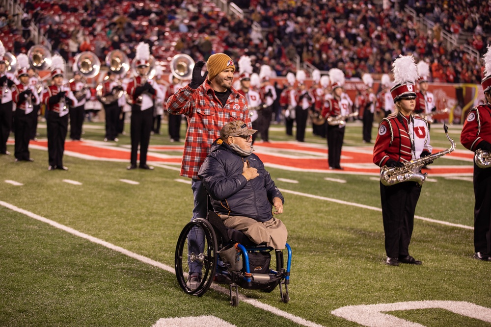 Vietnam veteran is recognized during University of Utah football game.