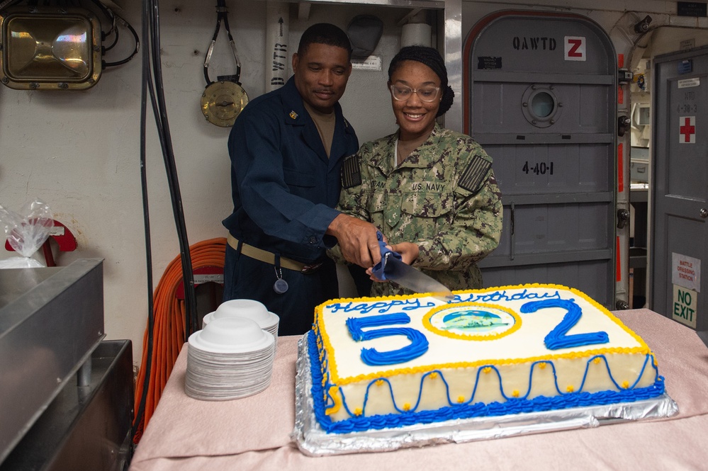 USS Blue Ridge Cuts Cake during 52nd Birthday