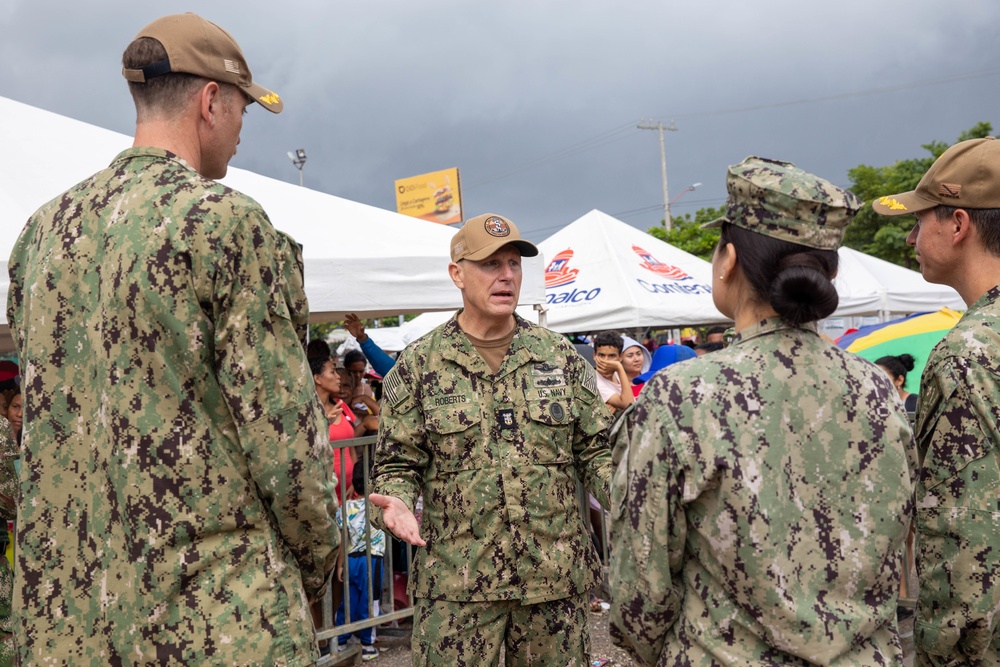 Rear Adm. Bruce L. Gillingham, Surgeon General, Chief Bureau of Medicine and Surgery and Force Master Chief Michael J. Roberts, Director of the Hospital Corps visit a medical site during Continuing Promise 2022