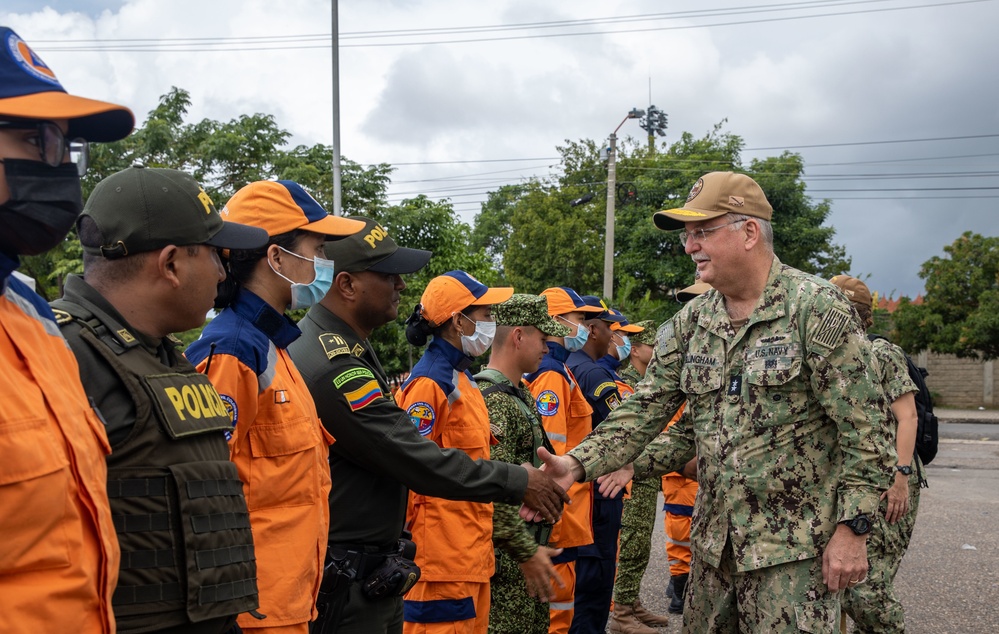 Rear Adm. Bruce L. Gillingham, Surgeon General, Chief Bureau of Medicine and Surgery and Force Master Chief Michael J. Roberts, Director of the Hospital Corps visit a medical site during Continuing Promise 2022
