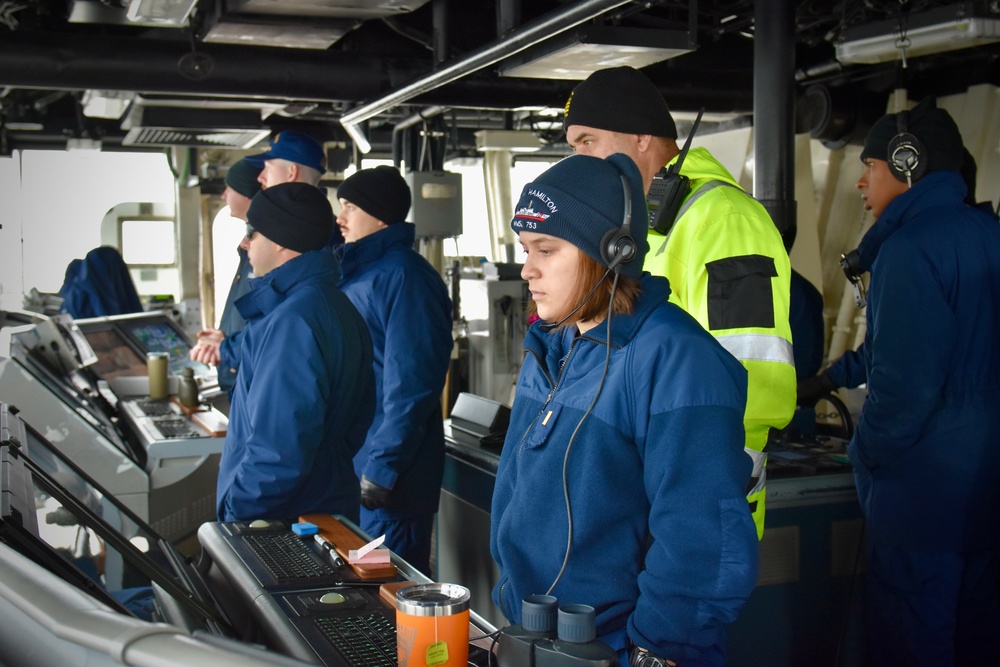 USCGC Hamilton gets underway for the Baltic Sea after four-day engagement while moored in Riga, Latvia