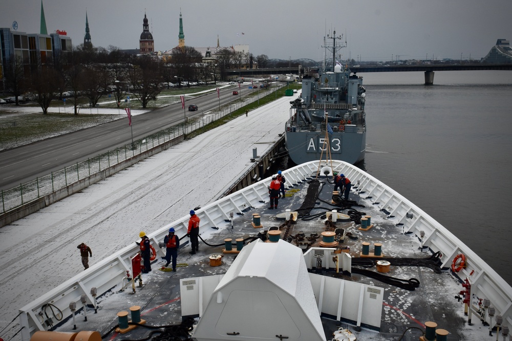 USCGC Hamilton gets underway for the Baltic Sea after four-day engagement while moored in Riga, Latvia