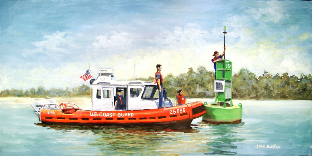 US Coast Guard Art Program 2006 Collection, Ob ID # 200601, &quot;Coasties light bulb exchange on a buoy,&quot; Tom Austin (1 of 20)