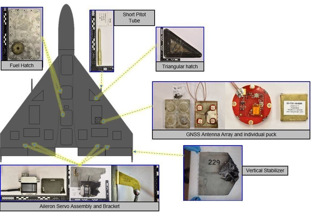 U.S. Navy graphic identifying debris fragments from an Iranian-designed Shahed-136 one-way attack drone, the basis of Russia's Geran-2