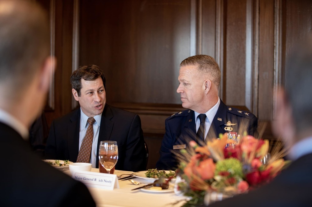 Air Force Maj. Gen. Rich Neely, the Adjutant General of Illinois and Commander of the Illinois National Guard, meets with business leaders for luncheon