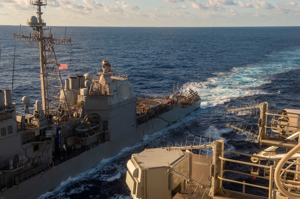 USS Ronald Reagan (CVN 76) conducts fueling-at-sea with USS Chancellorsville