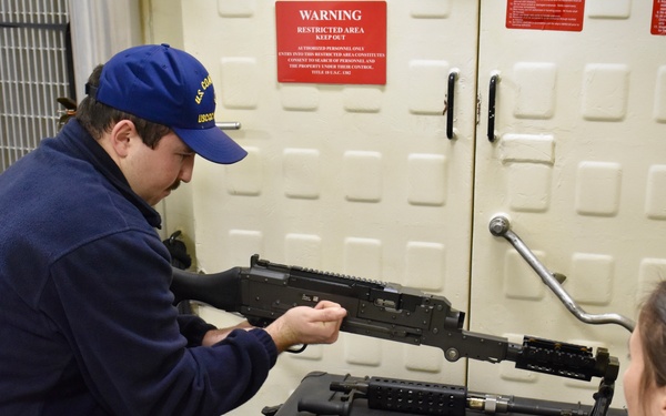 USCGC Hamilton personnel conduct small arms and minor mount performance qualification system training while operating in the Baltic Sea