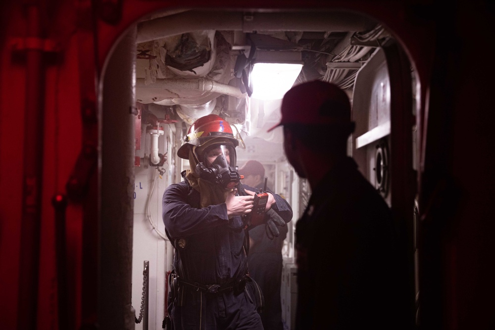 USS Normandy Participates in a General Quarters Drill