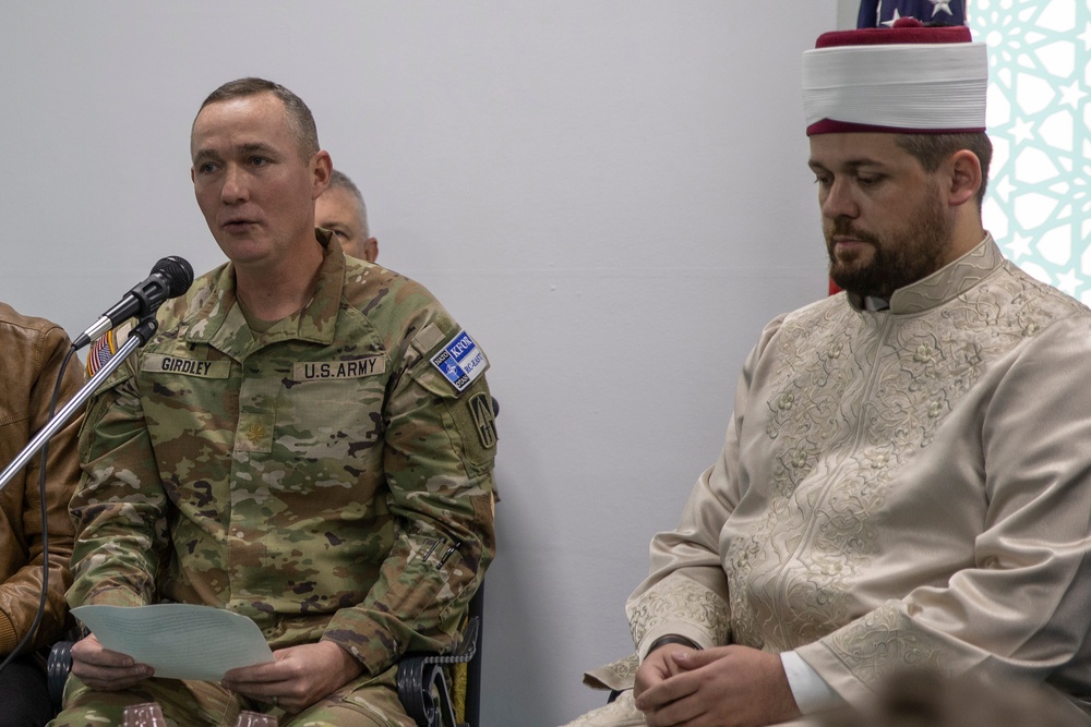 Army Chaplain speaks at a mosque in Pristina, Kosovo