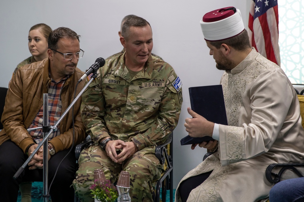 Army Chaplain speaks at a mosque in Pristina, Kosovo